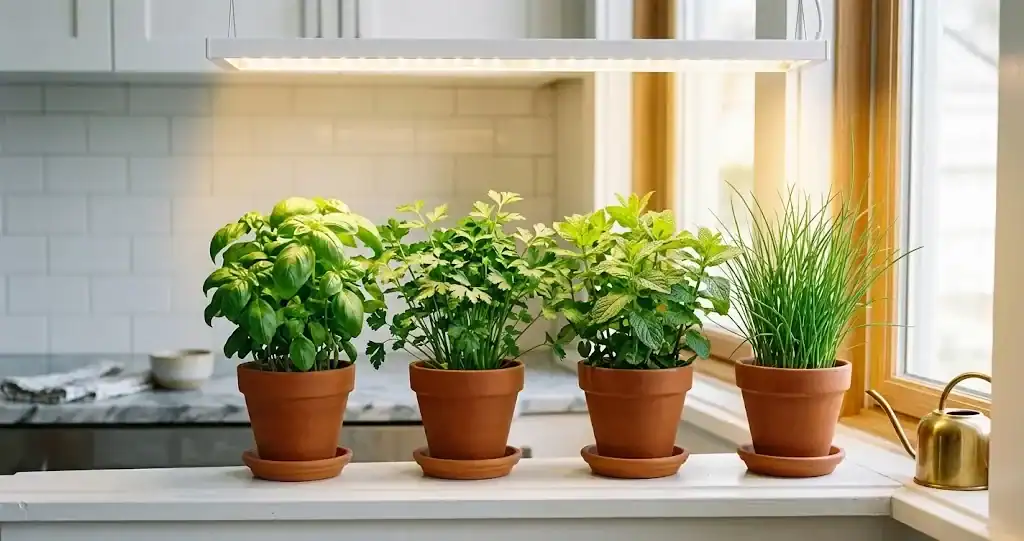A bright kitchen windowsill with four small terracotta pots of basil, parsley, mint, and chives under a 30 watt full-spectrum LED grow light panel mounted 8 inches above the canopy