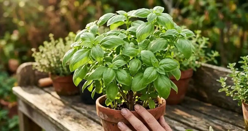 A bushy sweet basil plant in a terracotta pot on a sunlit kitchen garden bench, broad medium green leaves on a square stem