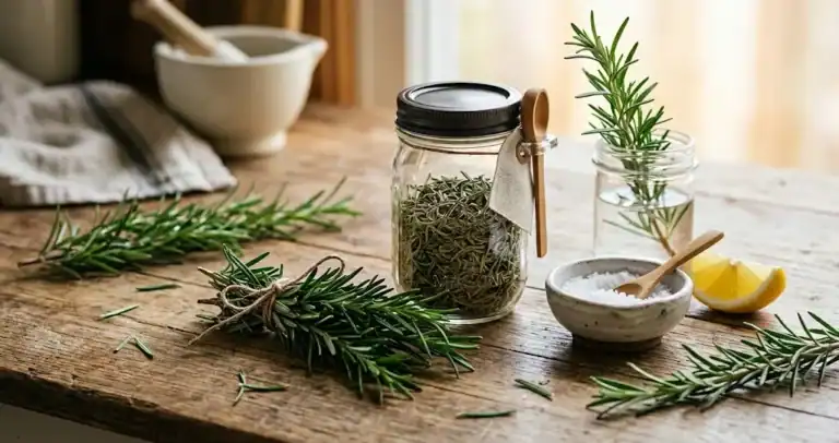 Fresh rosemary sprigs beside a glass jar of dried leaves and a small bowl of salt on a wooden kitchen counter