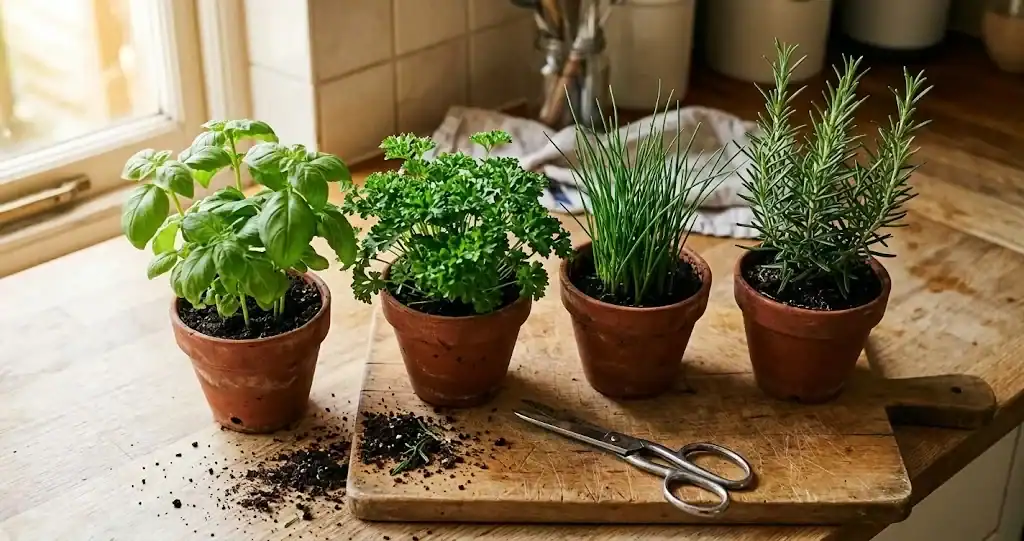 Pots of basil, parsley, chives and rosemary on a sunlit kitchen counter beside a chopping board