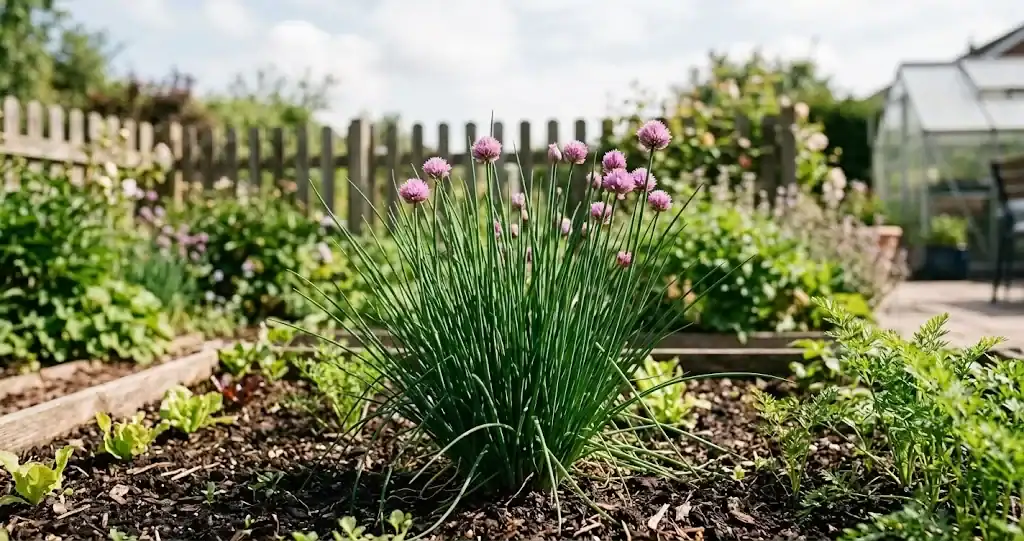 A mature chive clump in flower in a sunny kitchen-garden bed