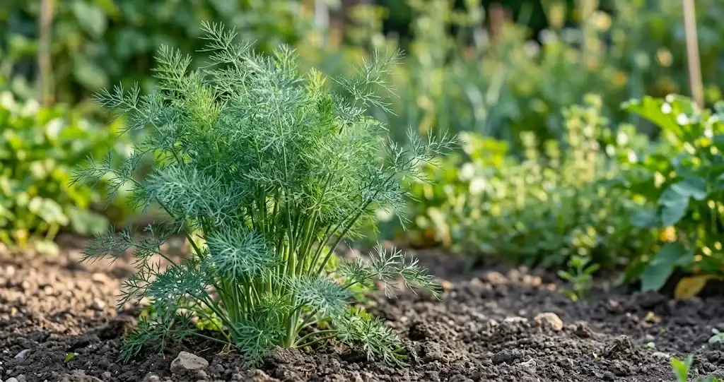 Mature dill plant with feathery blue-green fronds and developing flower stalks in a kitchen garden bed in warm daylight