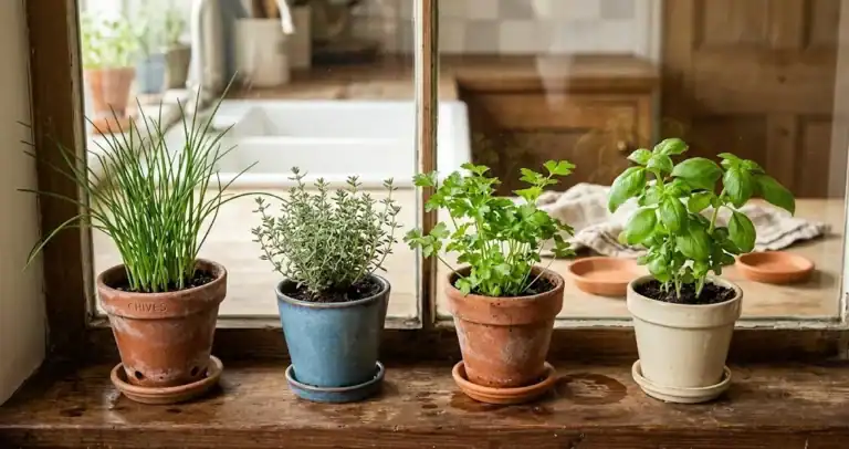 A row of small herb pots in terra cotta and glazed containers on a bright kitchen windowsill