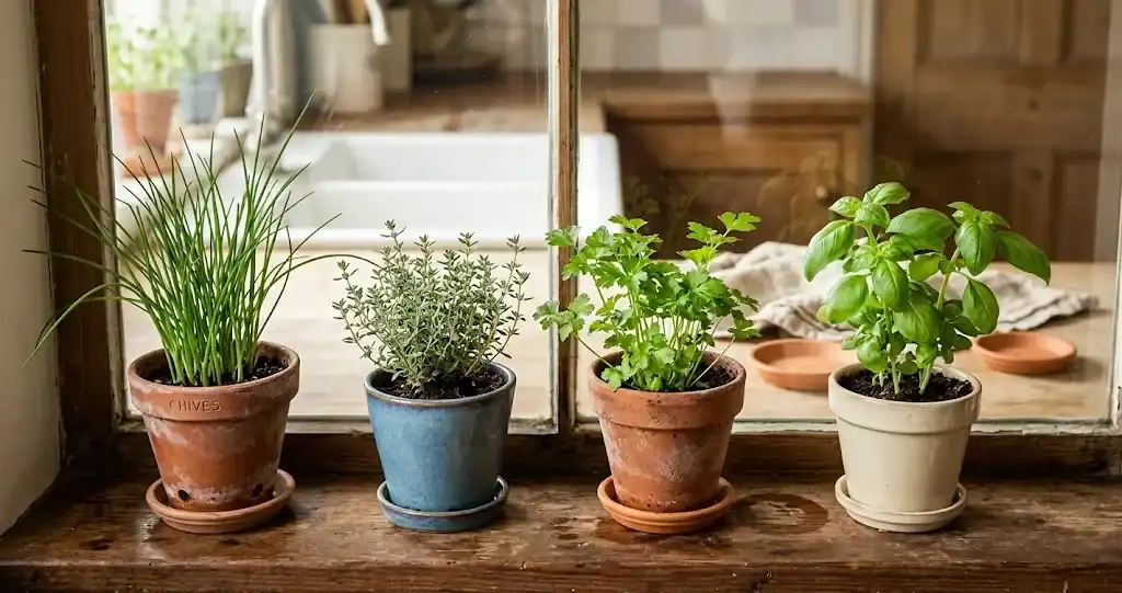 A row of small herb pots in terra cotta and glazed containers on a bright kitchen windowsill