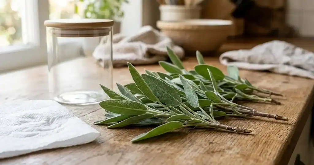 Fresh sage sprigs on a rustic wooden kitchen counter prepared for storage next to a glass container and damp paper towel