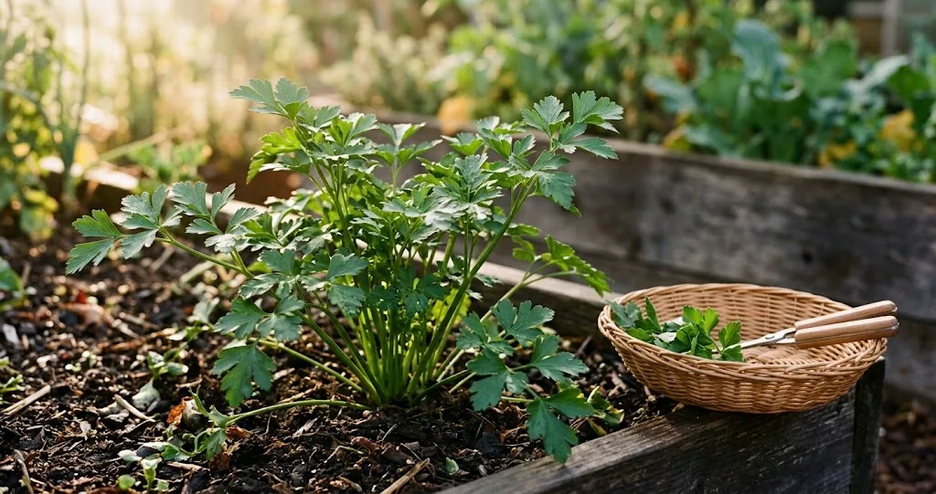 Flat-leaf parsley growing in a garden bed beside clean snips and a small harvest basket