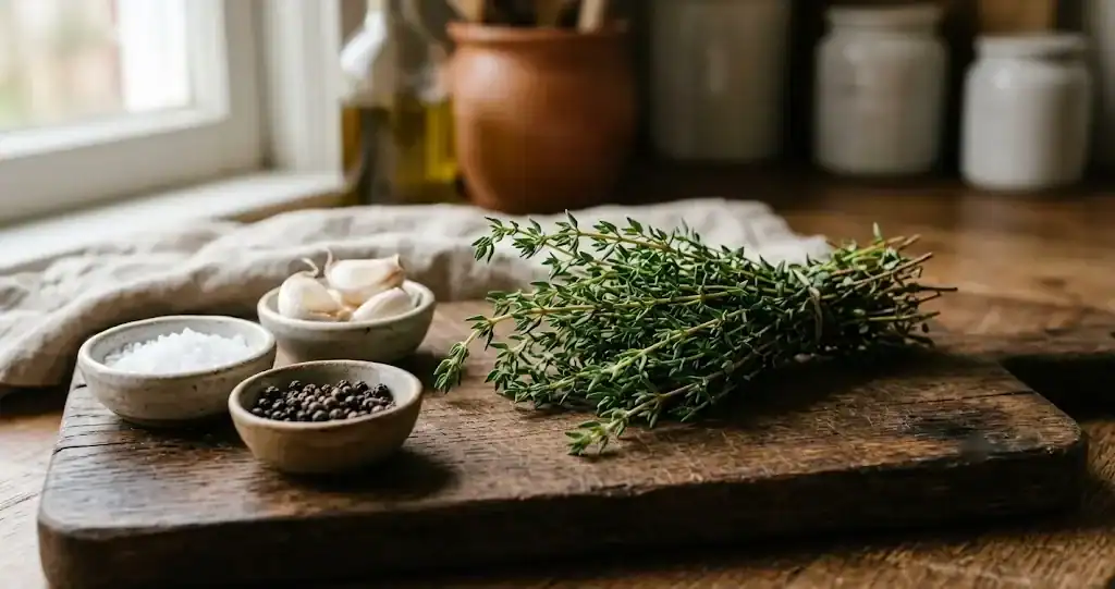 Fresh culinary thyme sprigs on a dark wooden cutting board with garlic and peppercorns