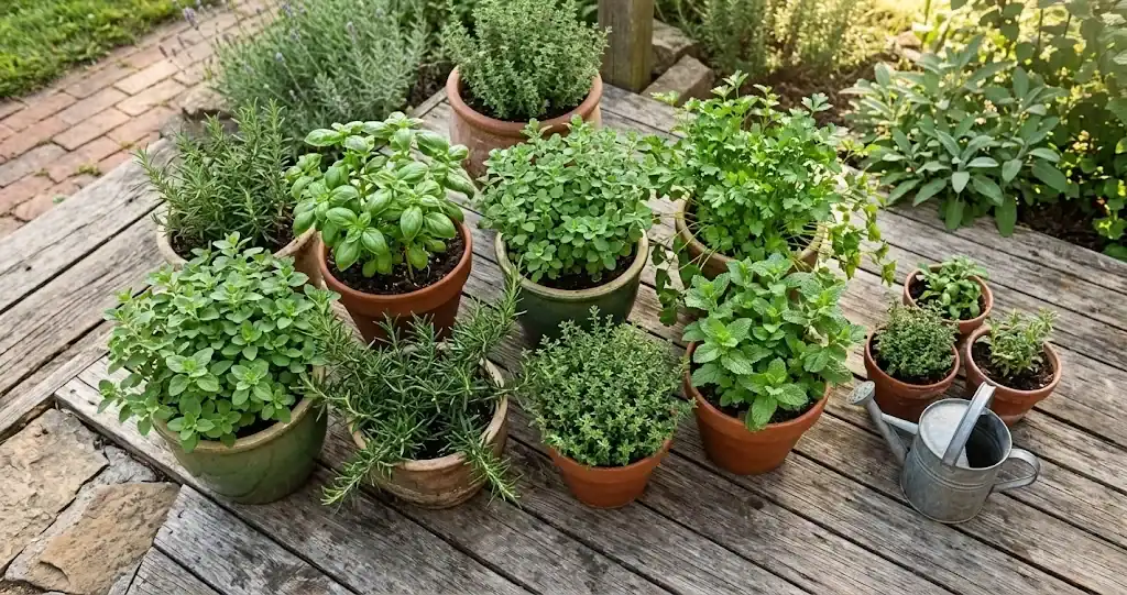 Potted container herb garden with fresh basil, rosemary, and thyme on a sunny wooden outdoor patio