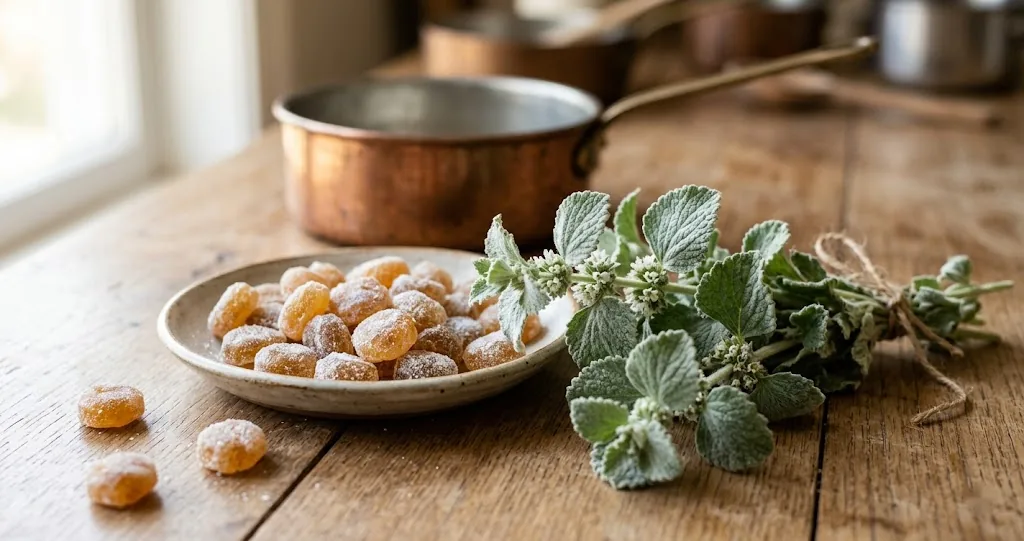 Homemade amber horehound candies with fresh white horehound on a wooden table