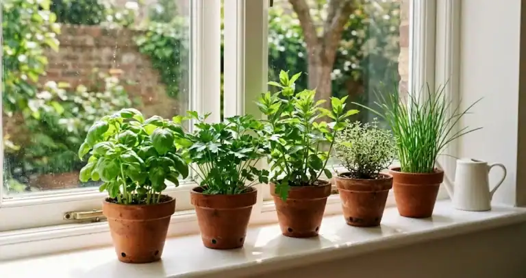 Five small terracotta pots of culinary herbs lined up on a sunlit kitchen windowsill