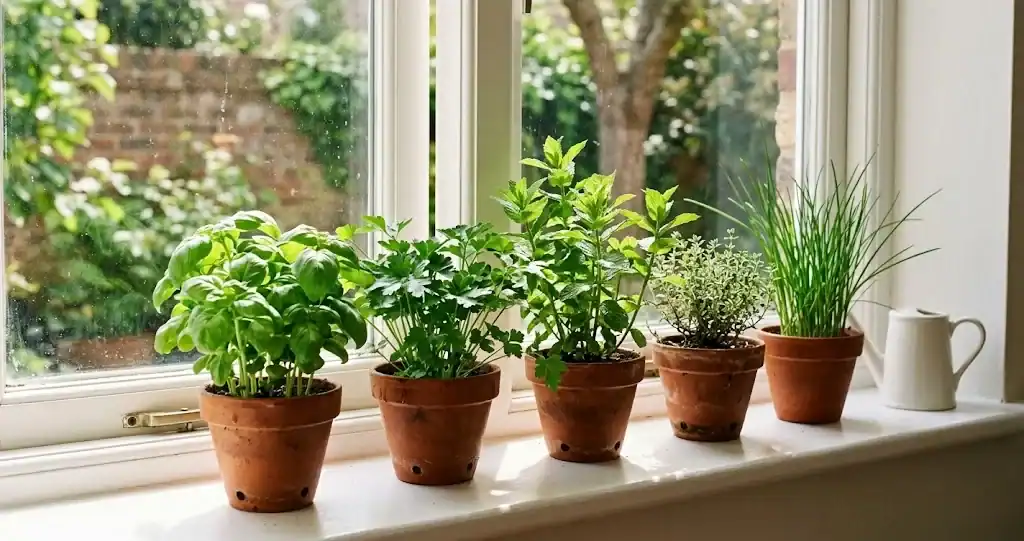 Five small terracotta pots of culinary herbs lined up on a sunlit kitchen windowsill