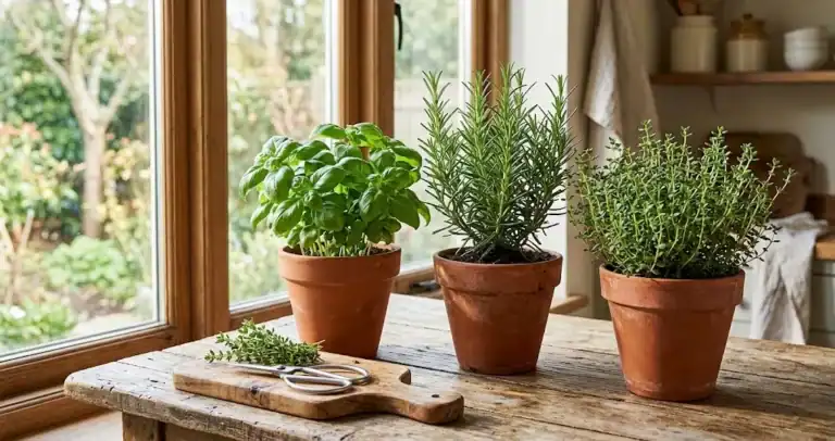 A vibrant indoor kitchen herb garden with potted basil, rosemary, and thyme on a bright wooden countertop