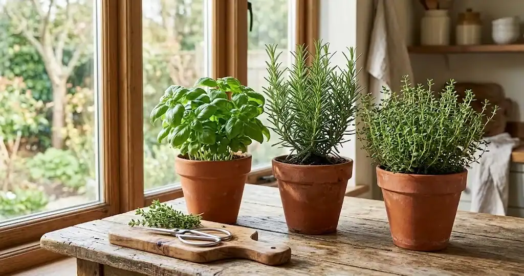 A vibrant indoor kitchen herb garden with potted basil, rosemary, and thyme on a bright wooden countertop