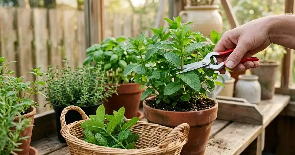 A gardener cutting a stem from a potted mint plant with red pruners, a basket of cut mint alongside