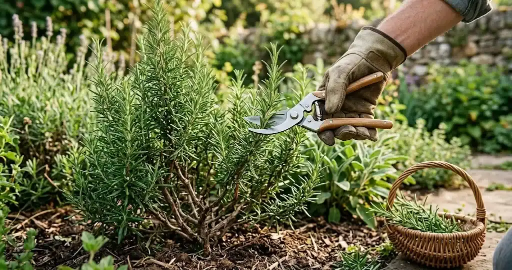 A gloved gardener cutting a rosemary stem with pruners beside a mature bush, a basket of cut sprigs nearby
