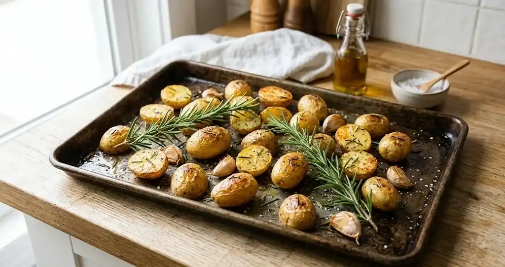 Fresh rosemary, garlic, olive oil, and roasted potatoes on a baking tray
