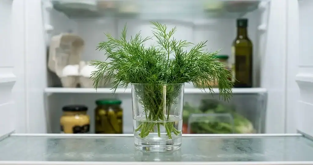 Fresh dill standing in a clear glass with water for refrigerator storage