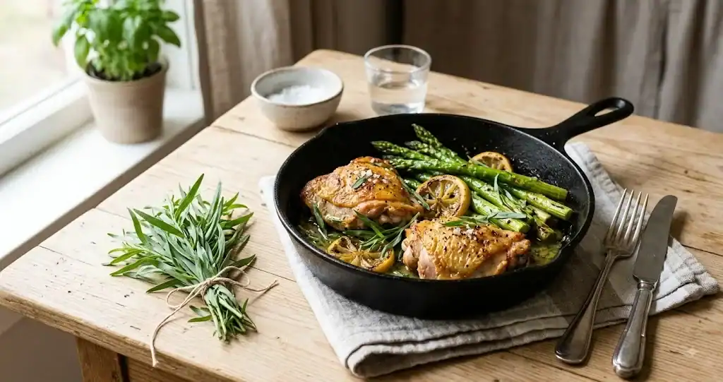 Fresh tarragon, chicken, vegetables, and pantry ingredients arranged on a wooden kitchen table