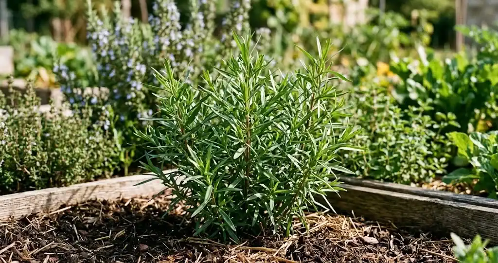 A thriving French tarragon plant with narrow green leaves growing in a sunny home herb garden bed