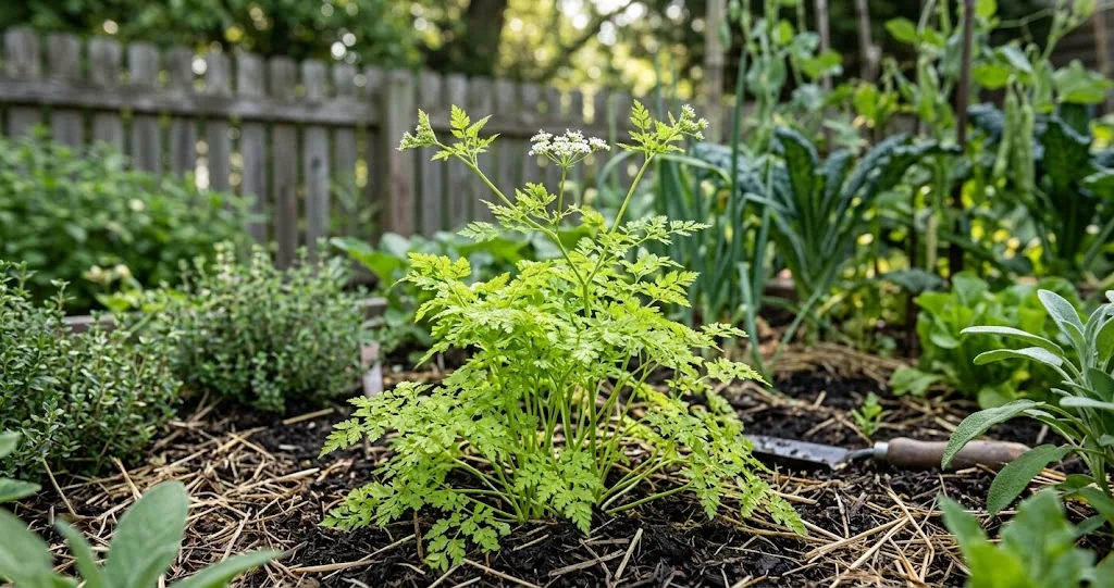 Mature chervil plant with bright lime-green lacy leaves in a partly shaded kitchen garden bed