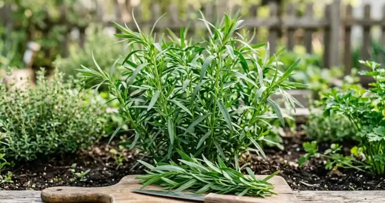 Mature French tarragon plant with narrow smooth lance-shaped dark-green leaves in soft morning daylight, freshly cut sprigs resting on a wooden cutting board