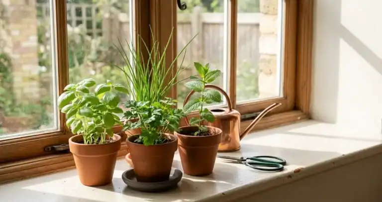 Small terracotta pots of basil, parsley, chives, and mint on a sunny kitchen windowsill with a pair of garden snips
