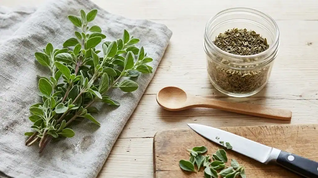 Fresh green marjoram sprigs beside a small dish of dried marjoram, showing the difference between the two forms
