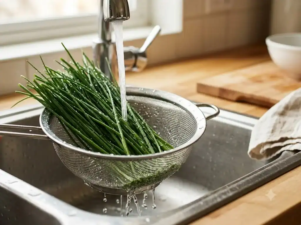 Freshly cut chives rinsed and patted dry on a towel, with chopped pieces being packed into an ice cube tray