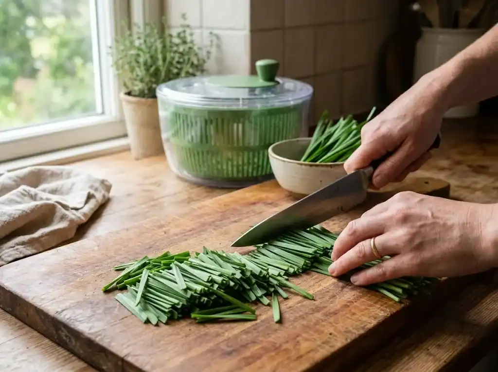 Fresh garlic chives rinsed and dried on a board with the tough ends trimmed and the leaves cut into one-inch pieces