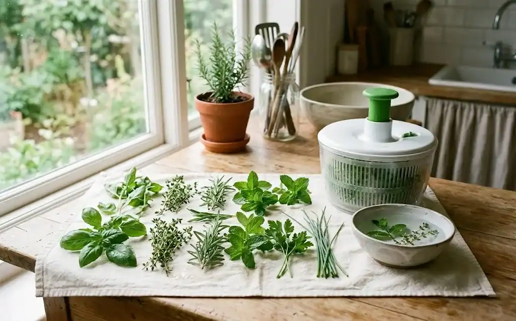 Freshly harvested herbs spread on a clean towel beside a salad spinner and bowl of water
