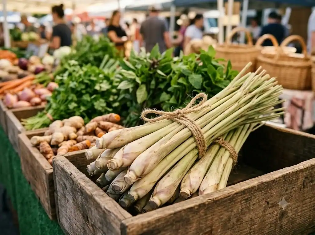 Bundles of fresh lemongrass stalks tied with twine in a wooden crate at a farmers market stall