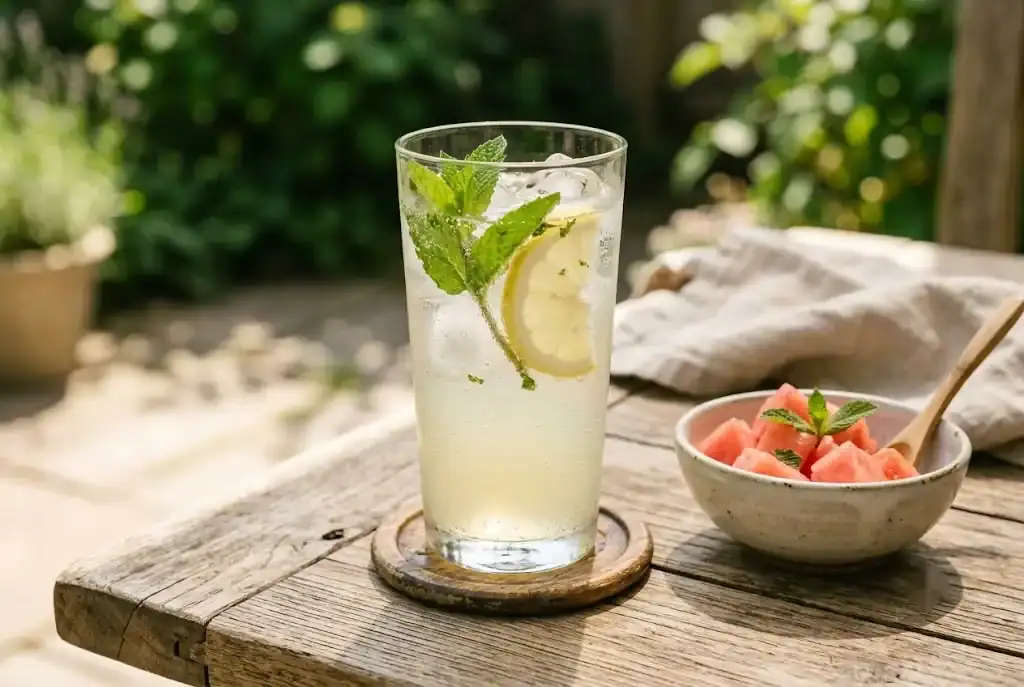 Sparkling mint lemonade with a spearmint sprig, lemon slice, clear ice, and watermelon on a sunlit table