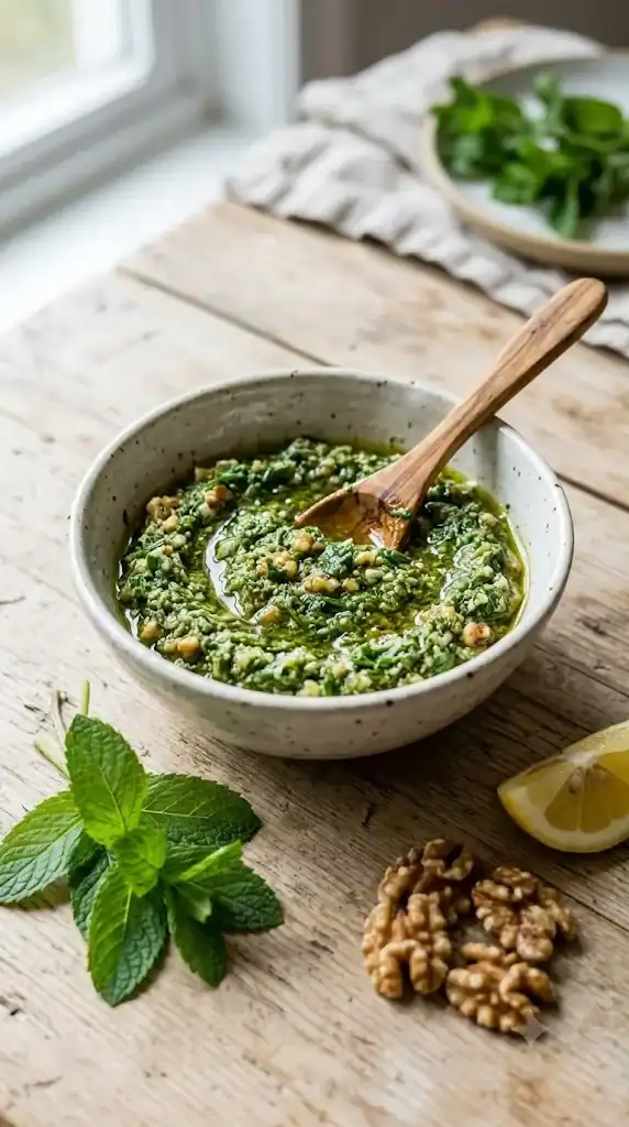 A speckled ceramic bowl of coarse green mint pesto with a wooden spoon resting in it, whole mint leaves, shelled walnuts and a lemon wedge on the table beside it