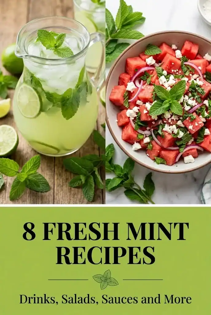 Pinterest graphic reading 8 Fresh Mint Recipes, Drinks, Salads, Sauces and More, above photos of a mint limeade pitcher and a watermelon feta mint salad