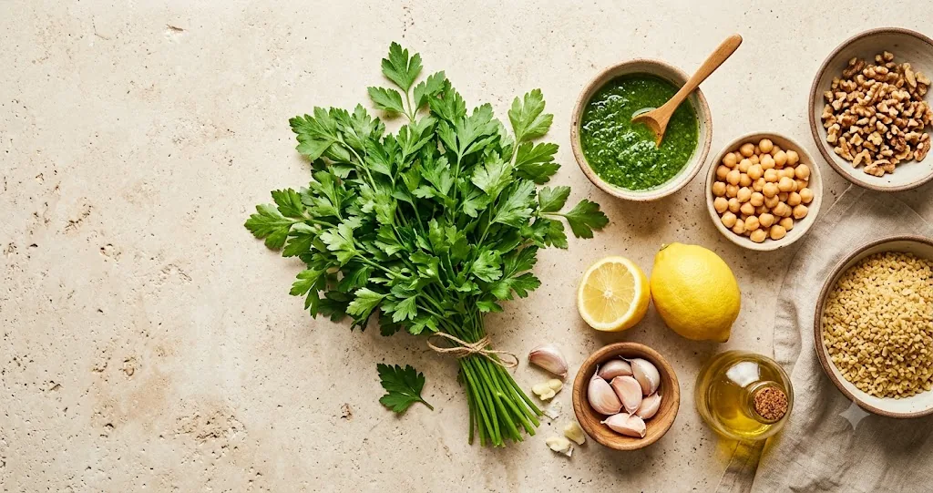 A large bunch of flat-leaf parsley on a light stone counter with lemon, garlic, olive oil, chickpeas, walnuts, bulgur, and a small bowl of bright green herb sauce