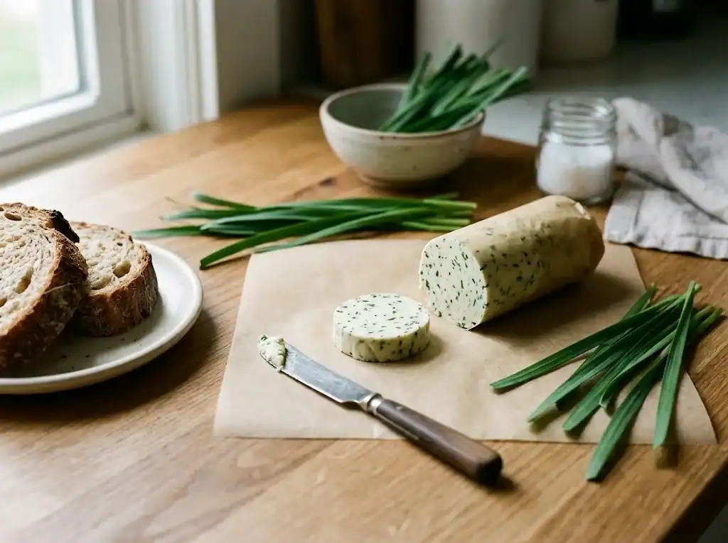 A chilled log of garlic chive butter on parchment with a sliced coin melting over a baked potato