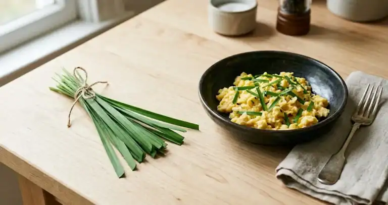 A bunch of flat-leaved garlic chives on a board beside a wok, with cut one-inch pieces ready to cook