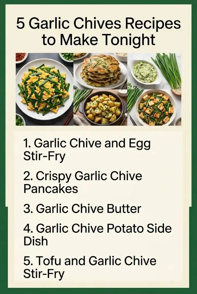 Pinterest graphic titled Garlic Chives Recipes, showing Chinese chive stir-fry, pancakes, and tofu dishes
