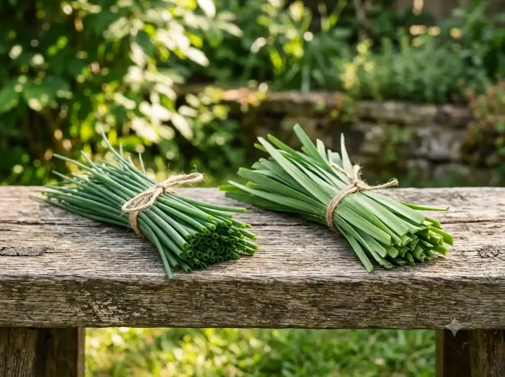 Round hollow common chive leaves side by side with the flat leaves of garlic chives for comparison