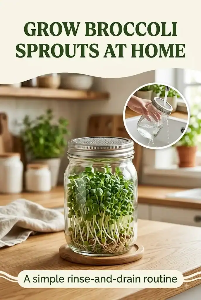 Pinterest graphic showing a jar of broccoli sprouts with the text Grow Broccoli Sprouts at Home