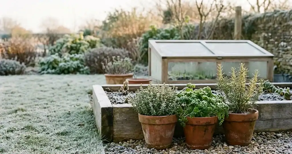 A winter herb garden with terracotta pots beside a frost-dusted raised bed