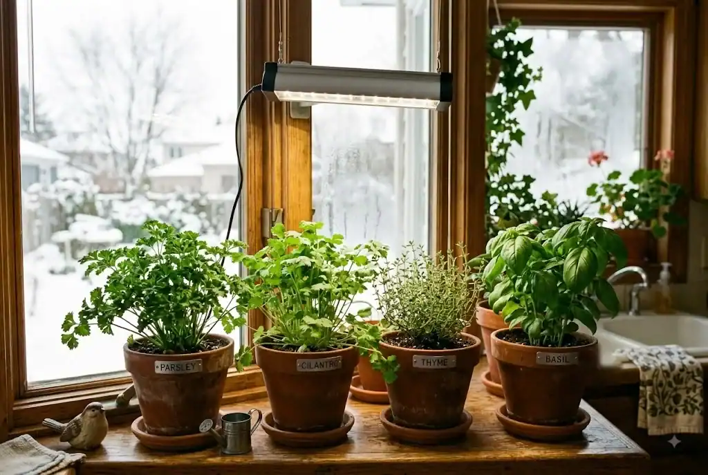 Parsley, cilantro, thyme, and basil growing under a kitchen grow light in winter