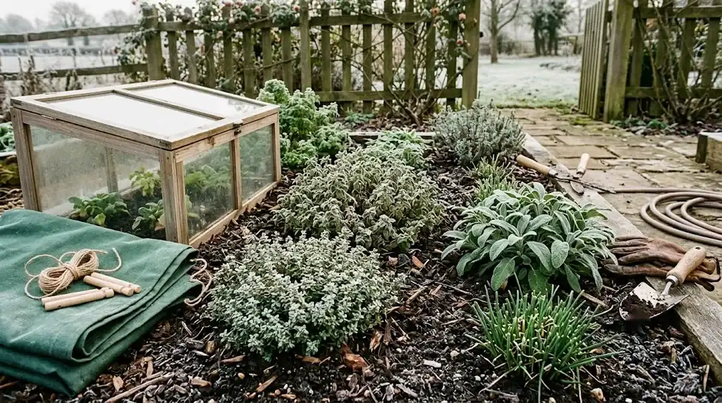 A winter herb bed with mulch, thyme, oregano, sage, and chives beside an open cold frame