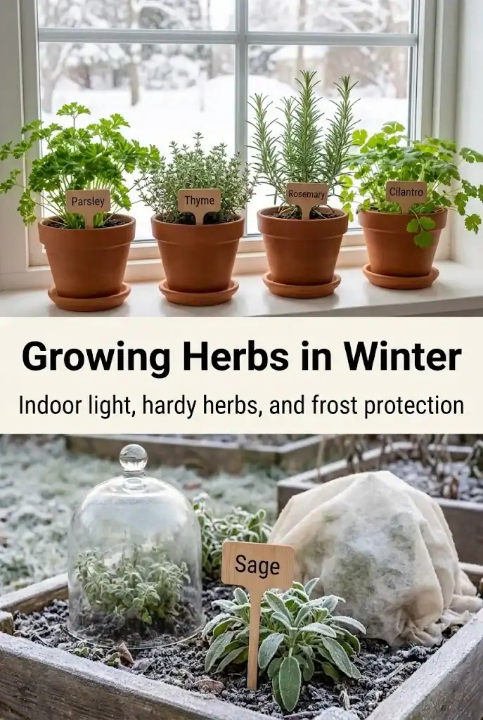 Growing Herbs in Winter graphic showing labelled parsley, thyme, rosemary and cilantro pots on a snowy windowsill above a frosted bed with a cloche and fleece over sage