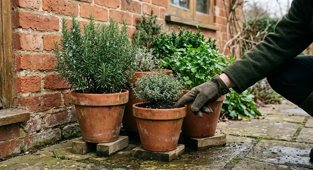 Sheltered potted rosemary, thyme, and parsley grouped against a wall and checked for soil moisture