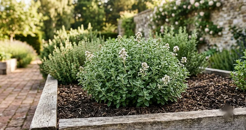 Healthy sweet marjoram growing as a gray-green mound in a sunny raised herb bed