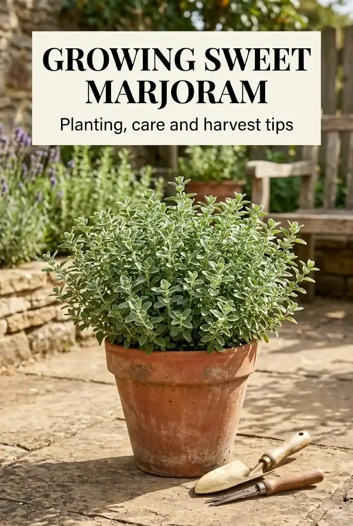 Pinterest graphic titled Growing Sweet Marjoram with planting, care and harvest tips