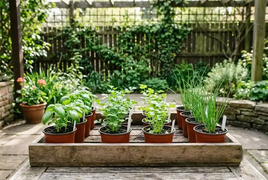A wooden tray of potted basil, parsley, cilantro, and chive seedlings set outdoors on a patio to harden off