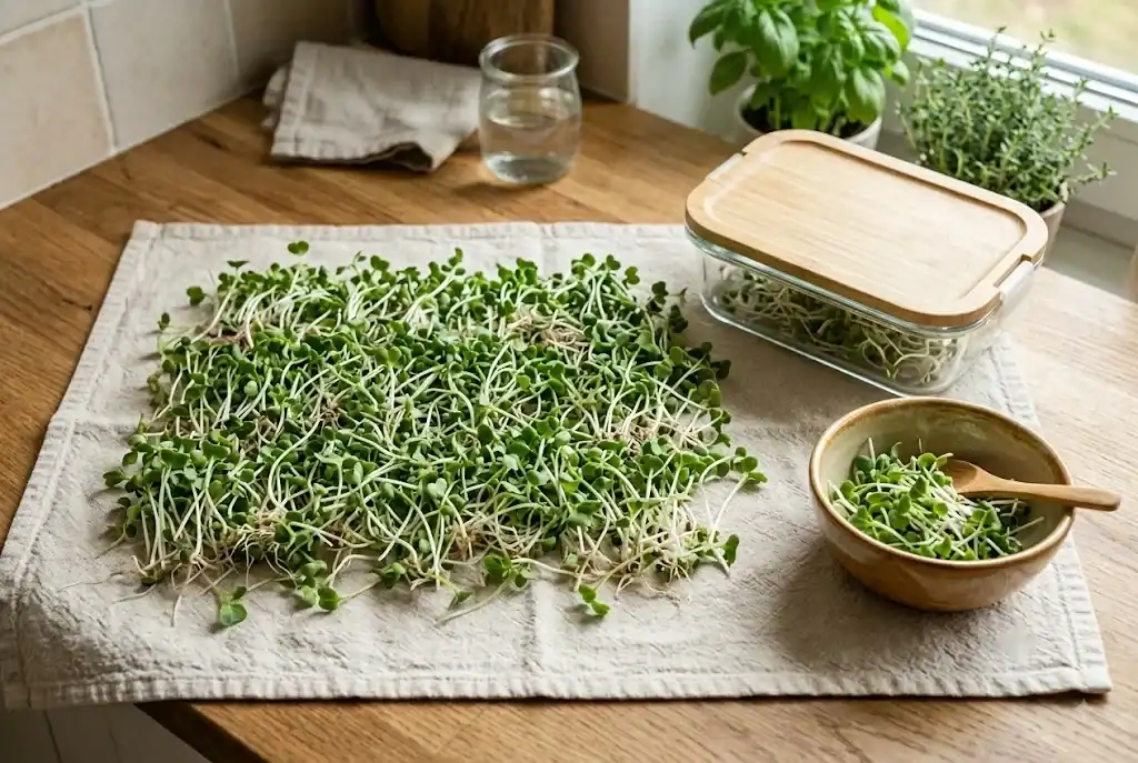 Fresh broccoli sprouts drying beside a clean storage container and salad bowl
