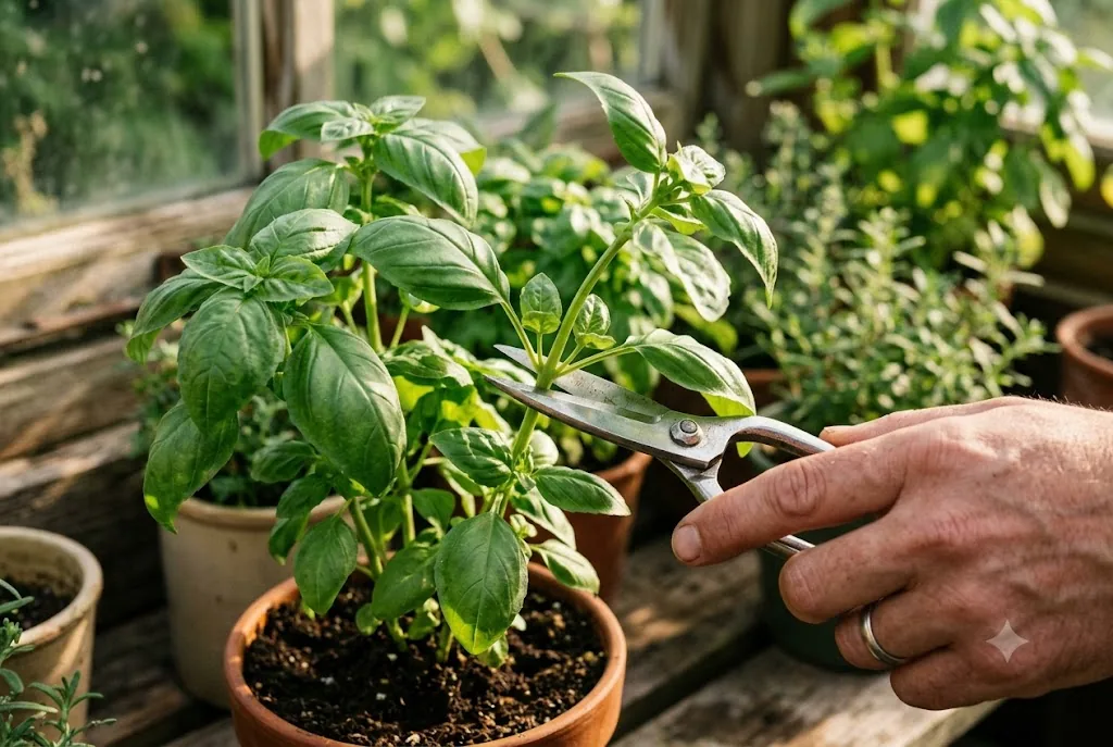Garden snips cutting a basil stem just above a pair of leaves